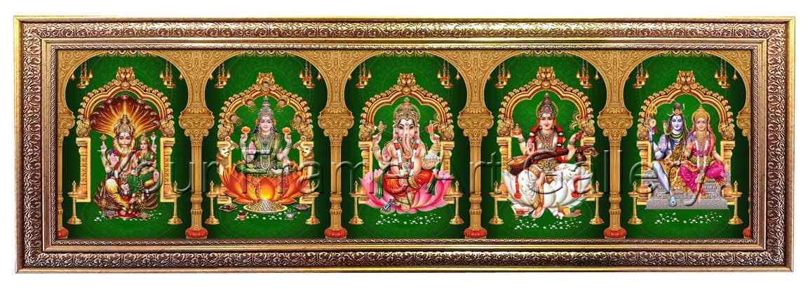 custom-5-god-lakshmi-narasimha-shiva-parvathi-frame.jpg Custom 5 God Photo Frame featuring Lakshmi Narasimha, Lakshmi, Ganesha, Saraswati, and Shiva Parvathi in a premium gold ornate frame from Your Frame Art Gallery.